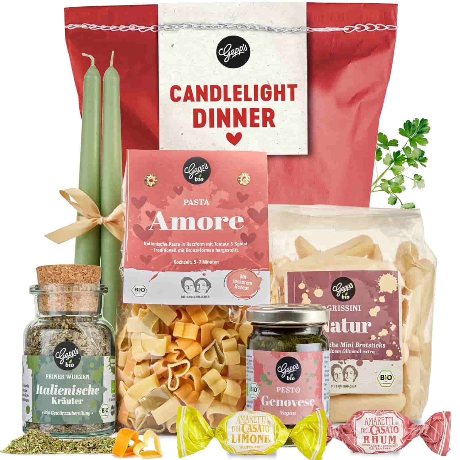 Romantisches Geschenkset: Pasta, Pesto, Grissini