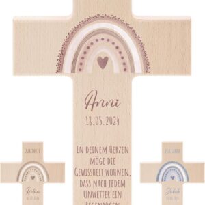 Personalisiertes Taufkreuz aus Buchenholz, rosa