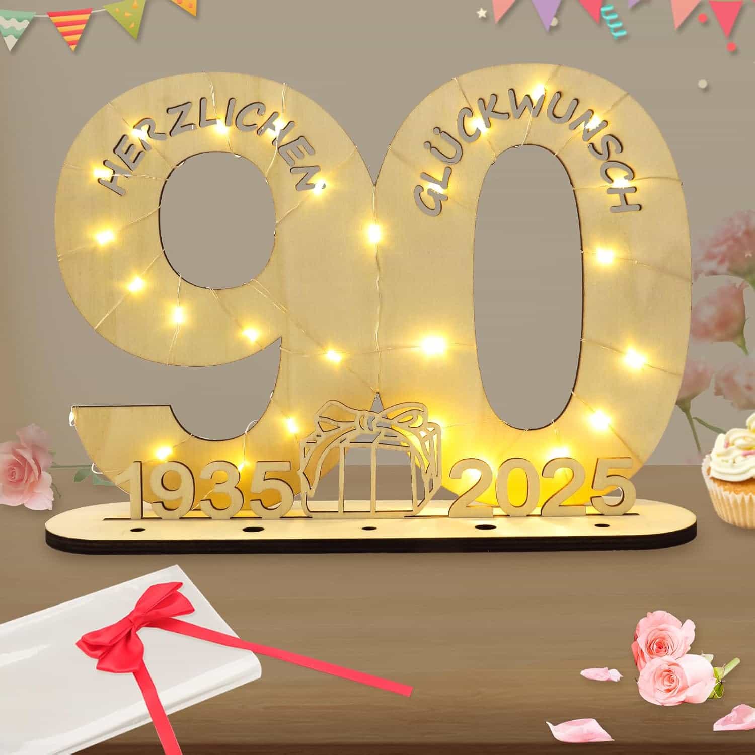 90. Geburtstag Geschenk Holz Schild LED Tischdeko